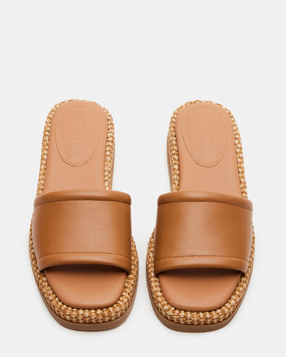BOARDWALK Tan Leather Women's Raffia Slides | Steve Madden Top Pick