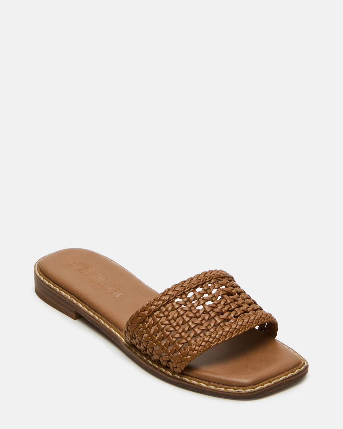 SNIDER Tan Square-Toe Slide Woven Women's Sandal | Steve Madden Trusted