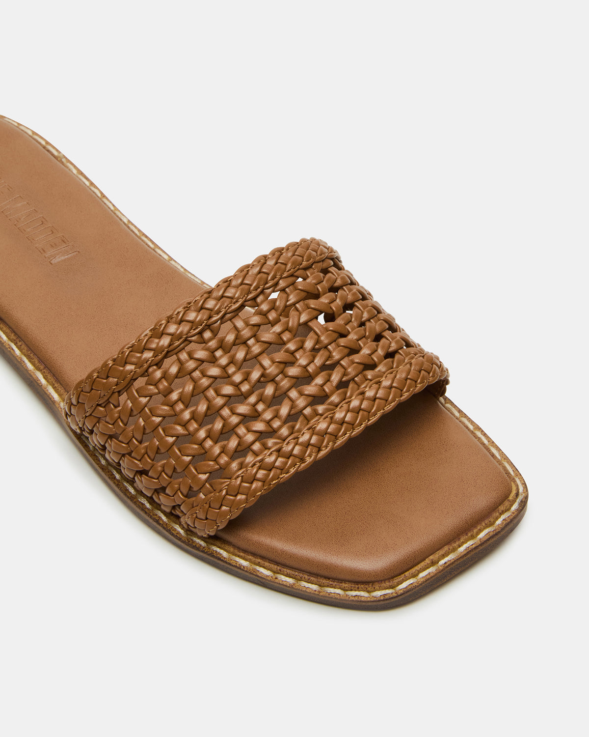 SNIDER Tan Square-Toe Slide Woven Women's Sandal | Steve Madden Trusted