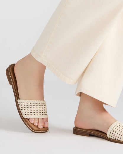 SNIDER Tan Square-Toe Slide Woven Women's Sandal | Steve Madden Trusted