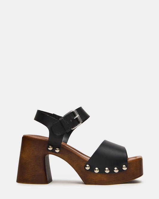 JEMMA Black Leather Square-Toe Wood Bottom Block Heel Women's Sandal | Steve Madden Everyday