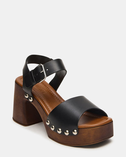 JEMMA Black Leather Square-Toe Wood Bottom Block Heel Women's Sandal | Steve Madden Everyday