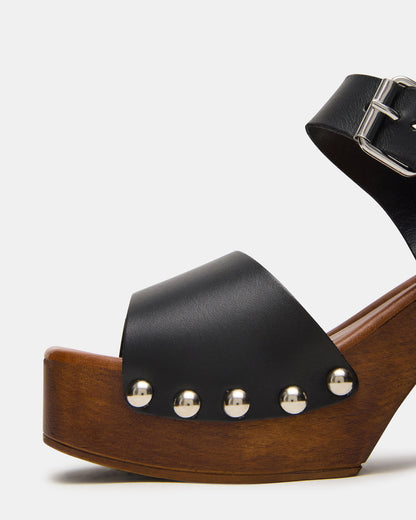 JEMMA Black Leather Square-Toe Wood Bottom Block Heel Women's Sandal | Steve Madden Everyday