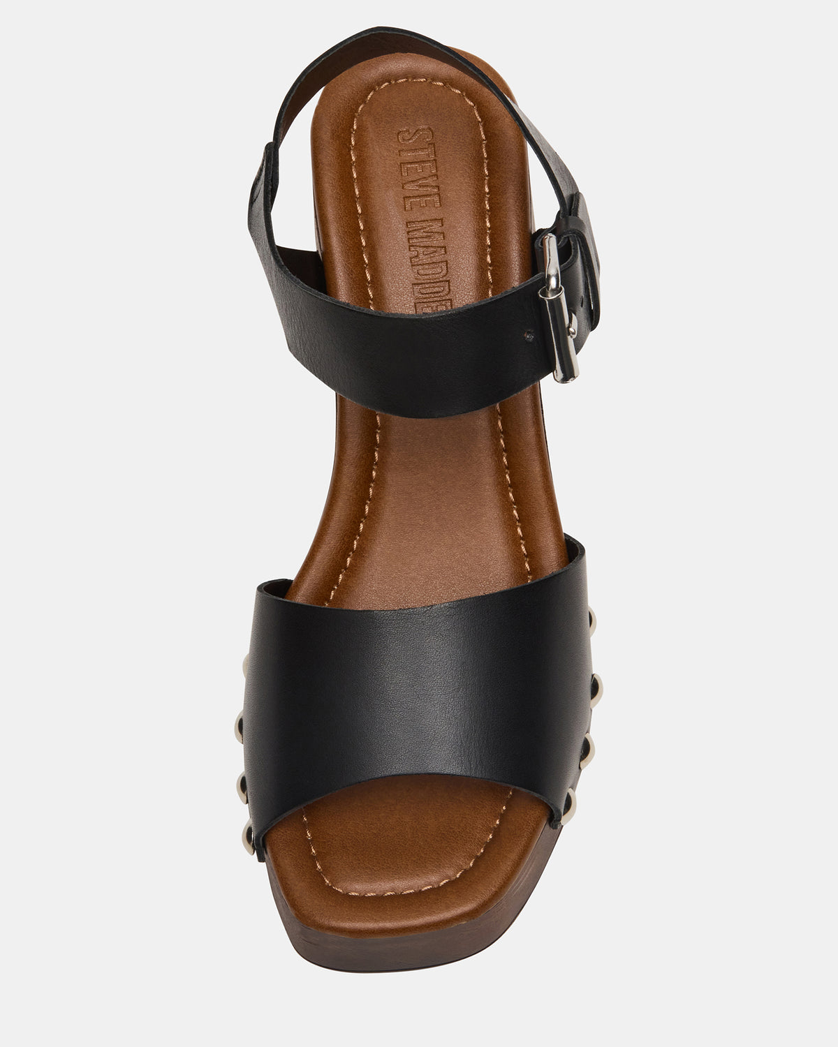 JEMMA Black Leather Square-Toe Wood Bottom Block Heel Women's Sandal | Steve Madden Everyday