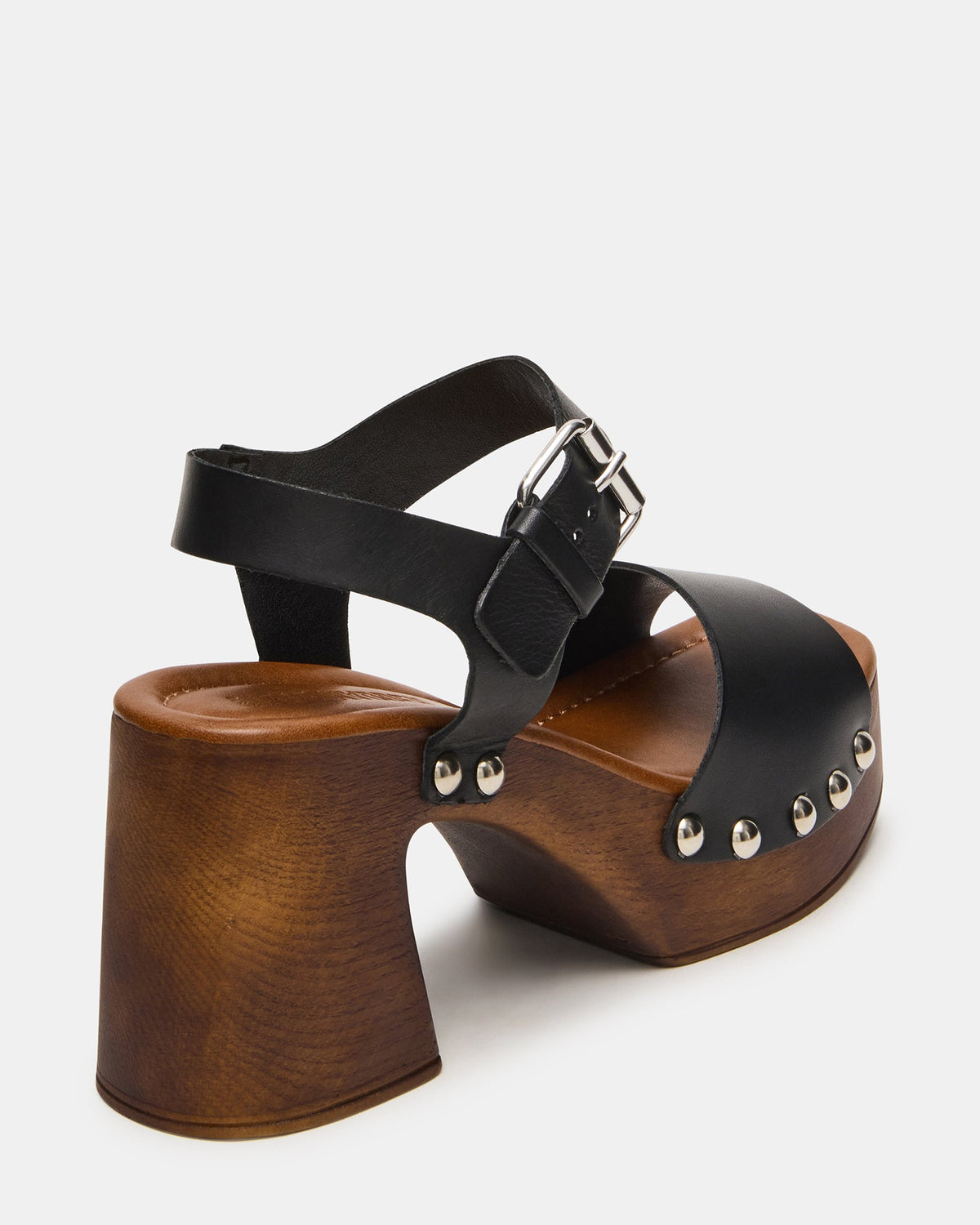 JEMMA Black Leather Square-Toe Wood Bottom Block Heel Women's Sandal | Steve Madden Everyday