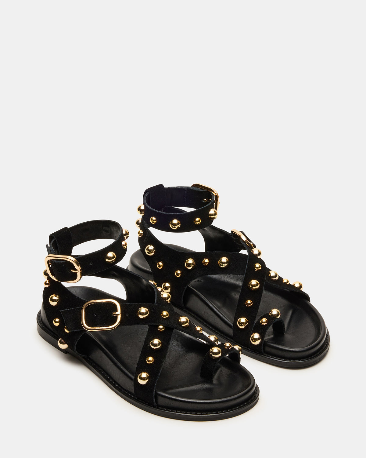 LINEAR Black Suede Strappy Footbed Studded Women's Sandal | Steve Madden Sale