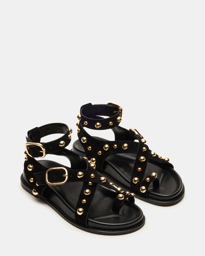LINEAR Black Suede Strappy Footbed Studded Women's Sandal | Steve Madden Sale