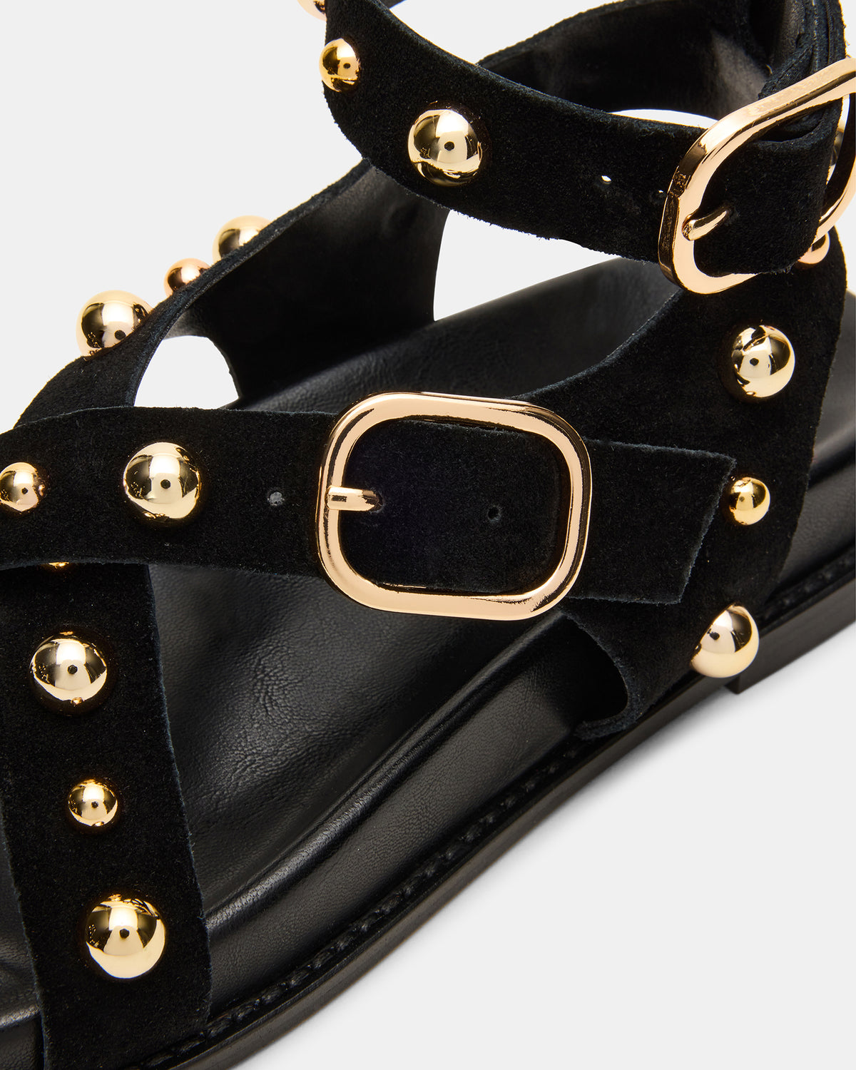 LINEAR Black Suede Strappy Footbed Studded Women's Sandal | Steve Madden Sale