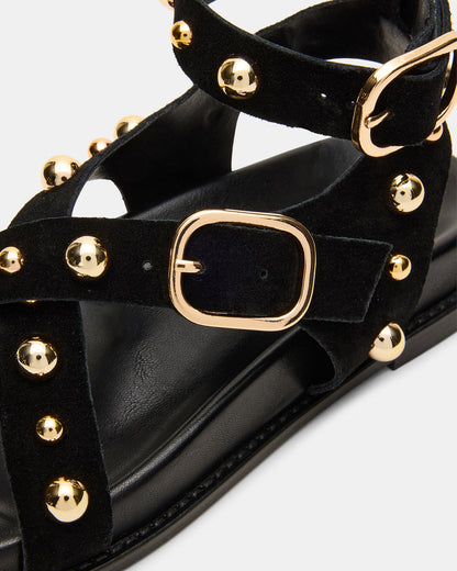 LINEAR Black Suede Strappy Footbed Studded Women's Sandal | Steve Madden Sale