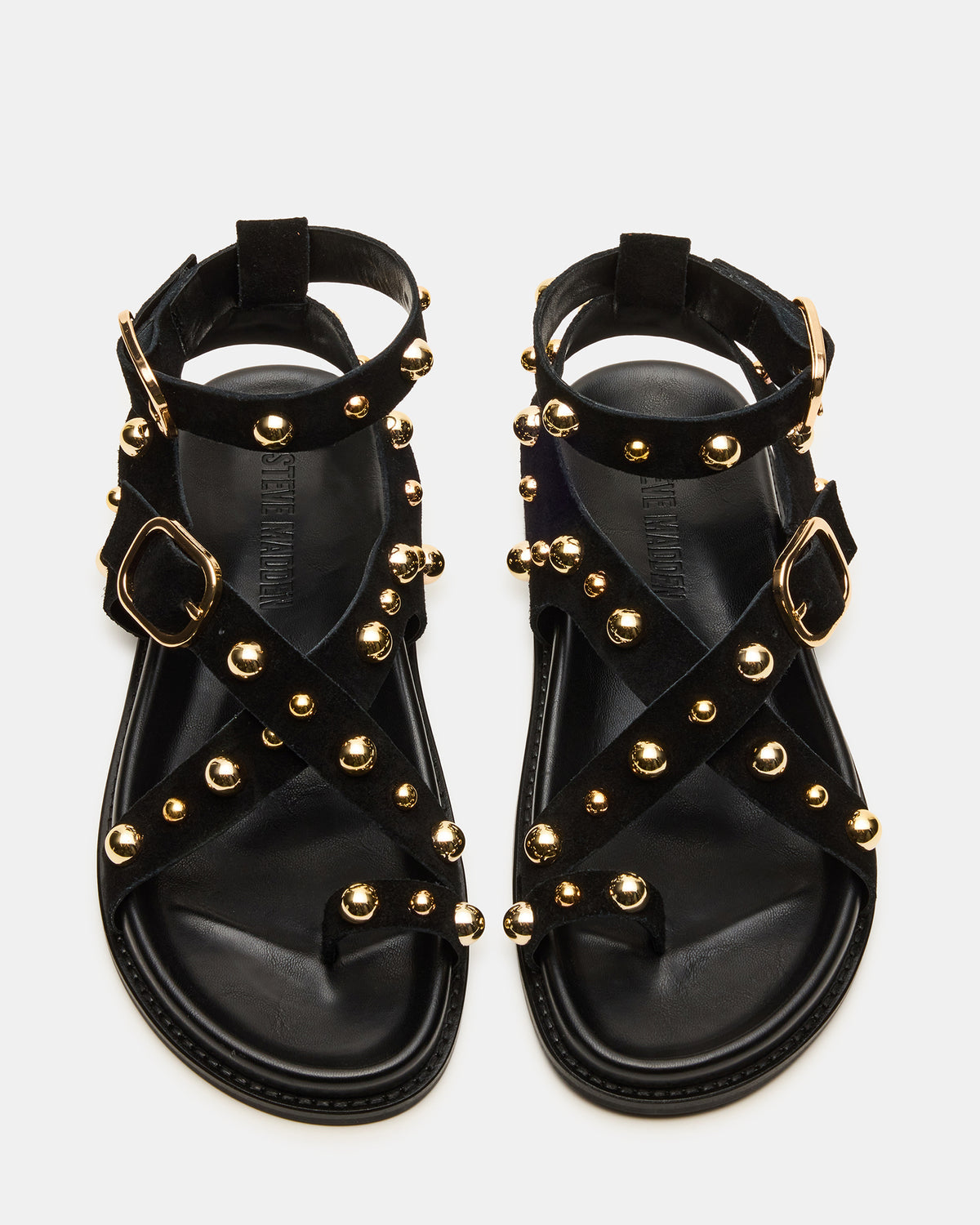 LINEAR Black Suede Strappy Footbed Studded Women's Sandal | Steve Madden Sale