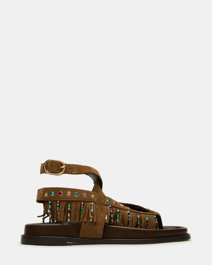 WENDELL Chestnut Suede Beaded Flatform Footbed Strappy Fringe Women's Sandal | Steve Madden Deals