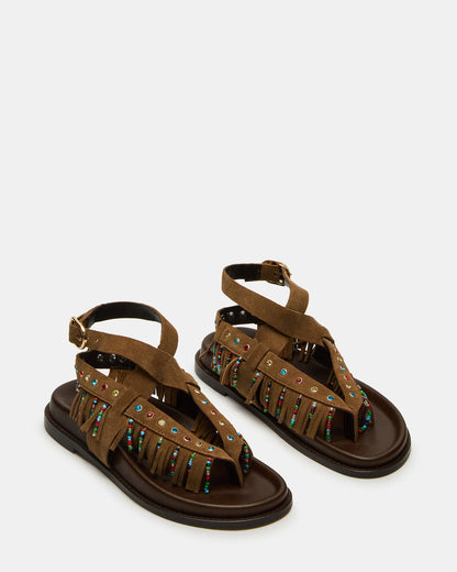 WENDELL Chestnut Suede Beaded Flatform Footbed Strappy Fringe Women's Sandal | Steve Madden Deals