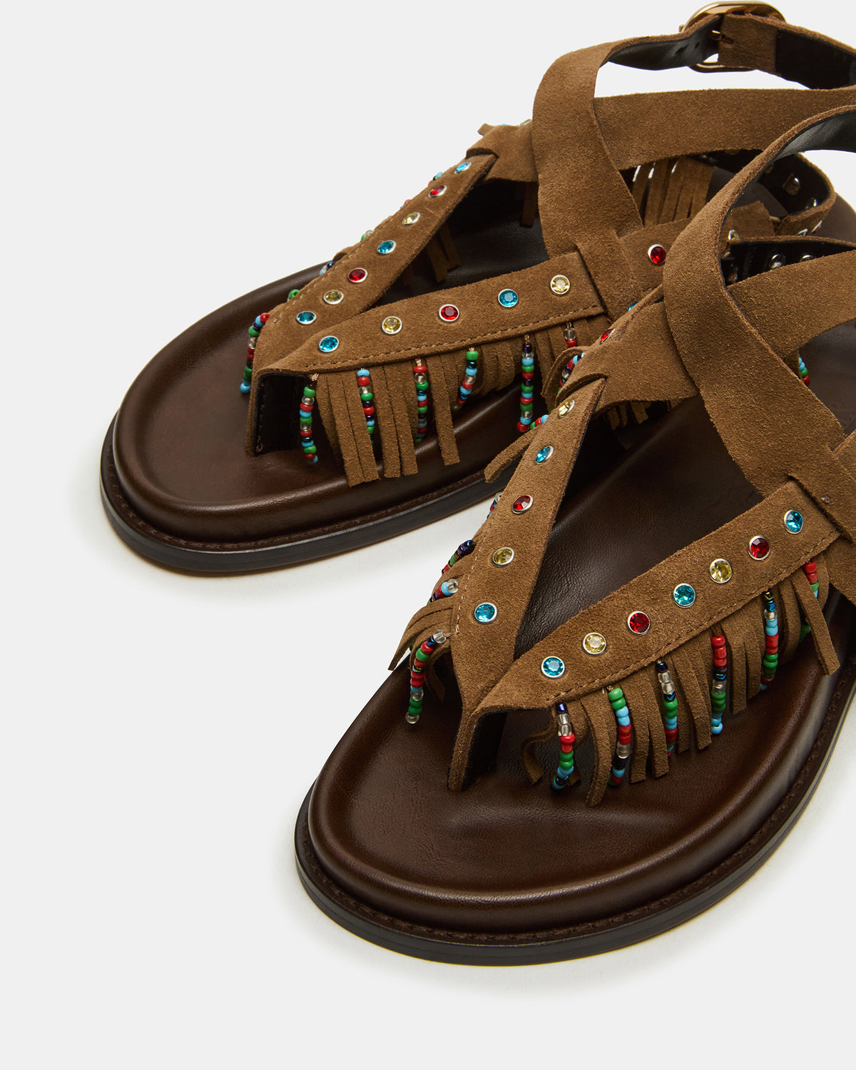 WENDELL Chestnut Suede Beaded Flatform Footbed Strappy Fringe Women's Sandal | Steve Madden Deals