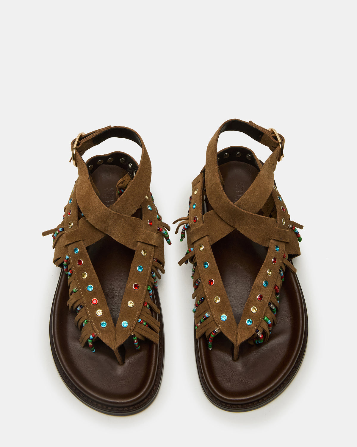 WENDELL Chestnut Suede Beaded Flatform Footbed Strappy Fringe Women's Sandal | Steve Madden Deals