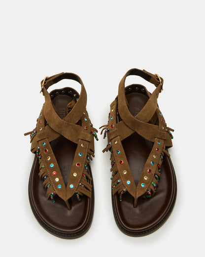 WENDELL Chestnut Suede Beaded Flatform Footbed Strappy Fringe Women's Sandal | Steve Madden Deals