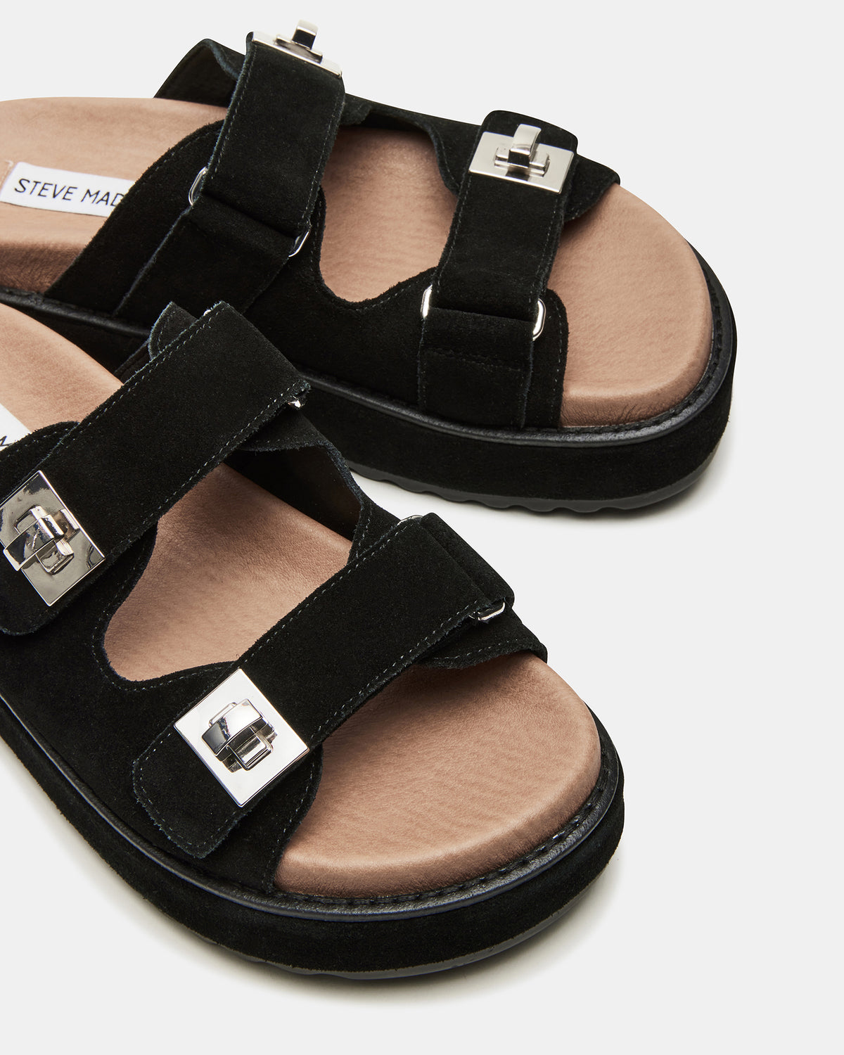 BIGSCHMONA Black/Black Suede Women's Platform Slide Sandal | Steve Madden Great Value
