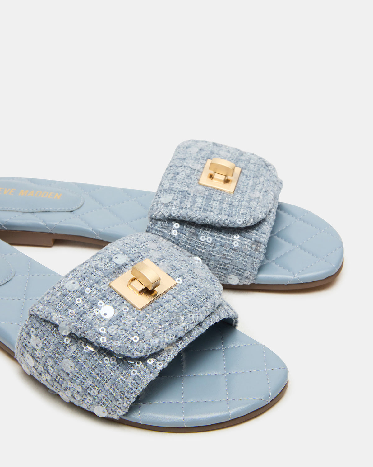MORELAND Sequin Blue Quilted Slide Women's Sandal | Steve Madden Everyday