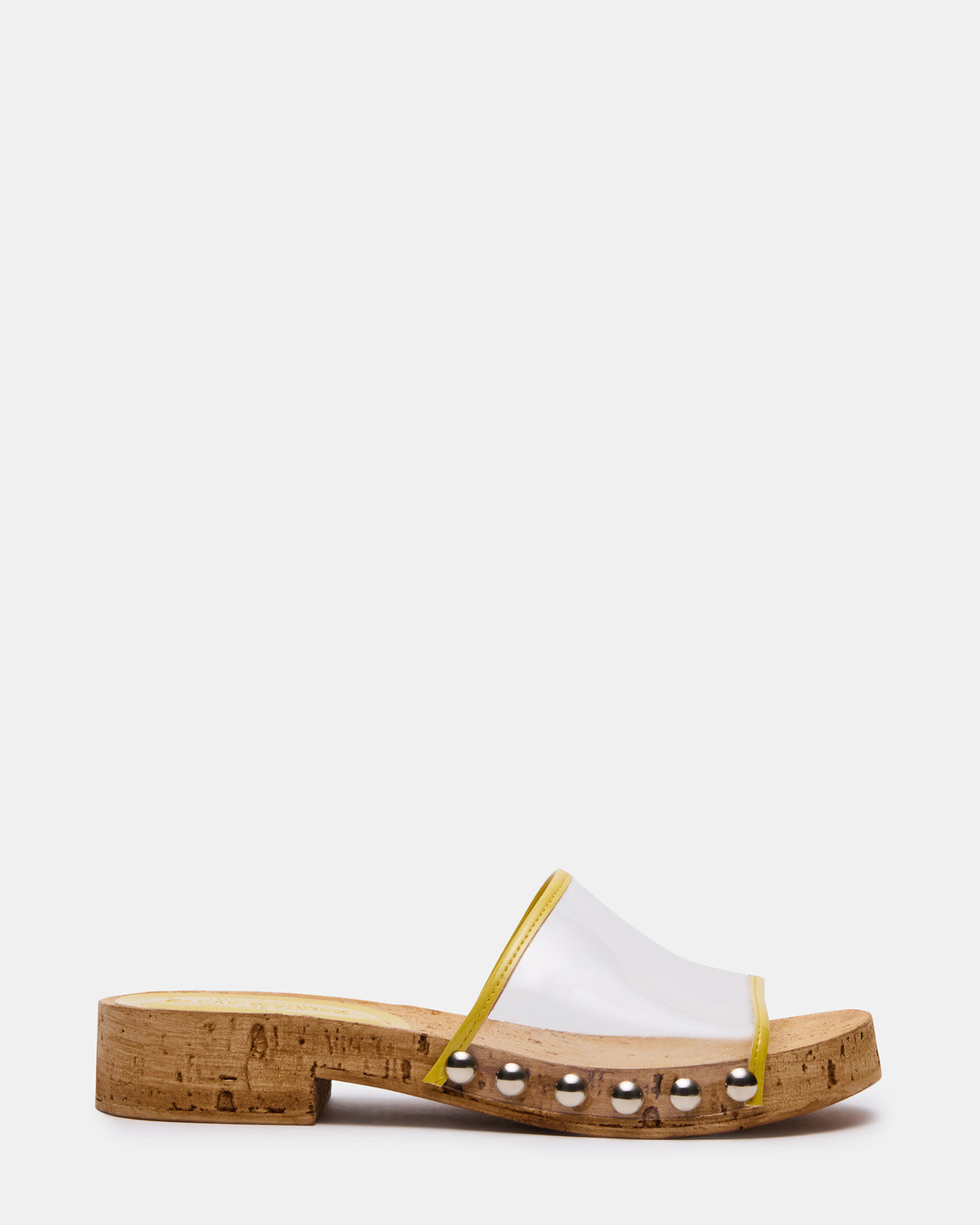 CLEMENT Yellow Wood Bottom Slide Mule Studded Women's Sandal | Steve Madden Hot Sale