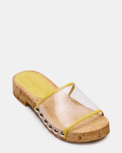CLEMENT Yellow Wood Bottom Slide Mule Studded Women's Sandal | Steve Madden Hot Sale