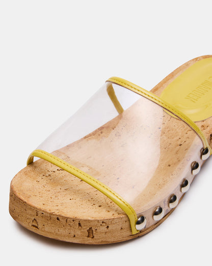 CLEMENT Yellow Wood Bottom Slide Mule Studded Women's Sandal | Steve Madden Hot Sale