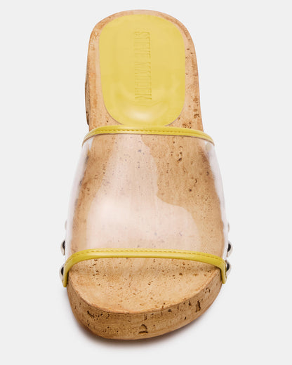 CLEMENT Yellow Wood Bottom Slide Mule Studded Women's Sandal | Steve Madden Hot Sale