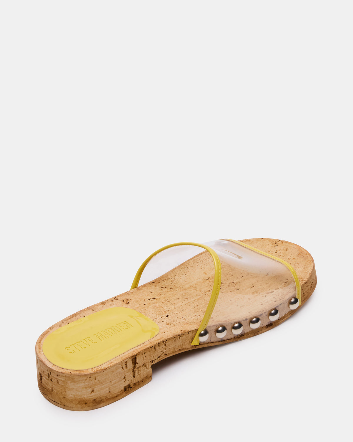 CLEMENT Yellow Wood Bottom Slide Mule Studded Women's Sandal | Steve Madden Hot Sale