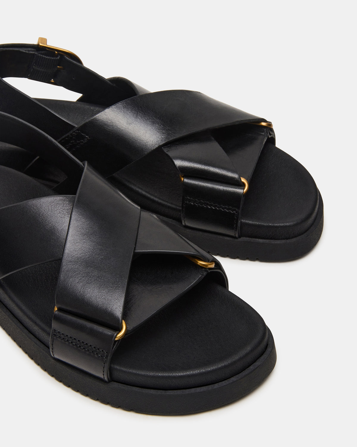 DONELLI Black Leather Strappy Footbed Women's Sandal | Steve Madden Special Offer