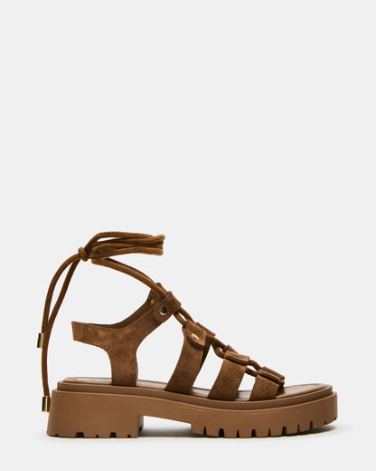 LYRIAN Cognac Suede Platform Lace-Up Strappy Women's Sandal | Steve Madden Special Offer