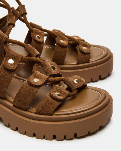 LYRIAN Cognac Suede Platform Lace-Up Strappy Women's Sandal | Steve Madden Special Offer