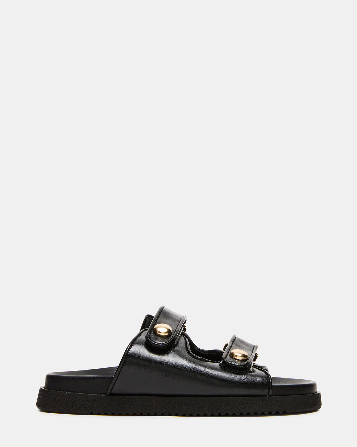 ATHENS Black Leather Slide Footbed Flatform Women's Sandal | Steve Madden Customer Favorite