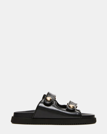 ATHENS Black Leather Slide Footbed Flatform Women's Sandal | Steve Madden Customer Favorite