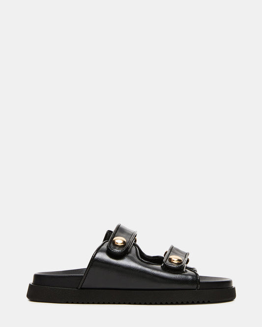 ATHENS Black Leather Slide Footbed Flatform Women's Sandal | Steve Madden Customer Favorite