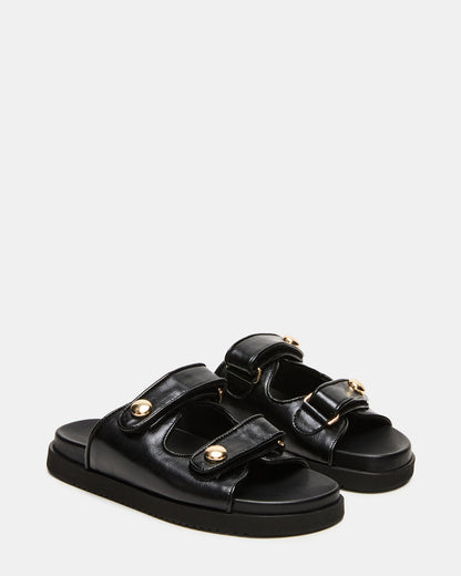 ATHENS Black Leather Slide Footbed Flatform Women's Sandal | Steve Madden Customer Favorite