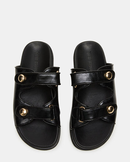 ATHENS Black Leather Slide Footbed Flatform Women's Sandal | Steve Madden Customer Favorite