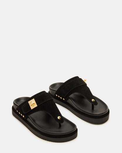 THONA Black Suede Women's Flatform Thong Sandal | Steve Madden New