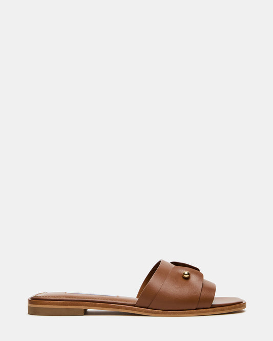 HASTEN Brown Leather Gold Detail Slide Women's Sandal | Steve Madden Deals