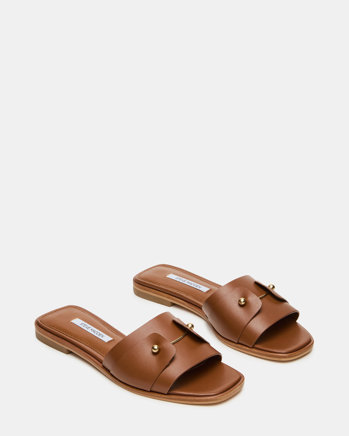 HASTEN Brown Leather Gold Detail Slide Women's Sandal | Steve Madden Deals