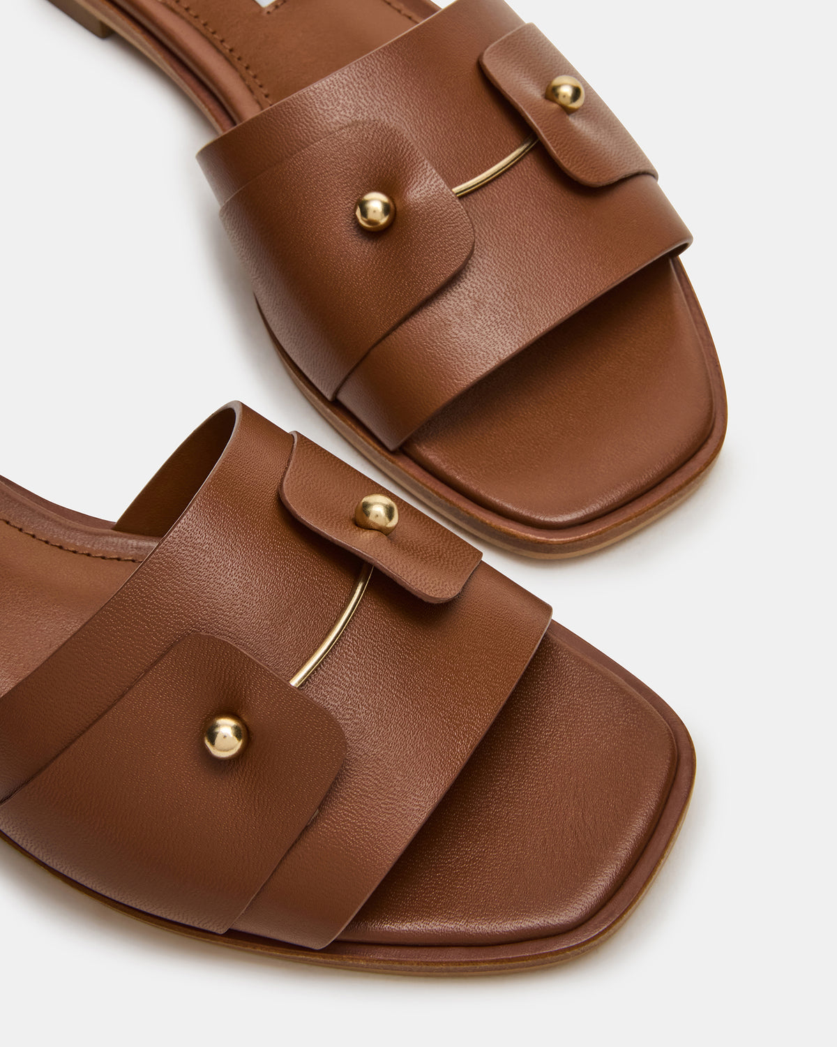HASTEN Brown Leather Gold Detail Slide Women's Sandal | Steve Madden Deals