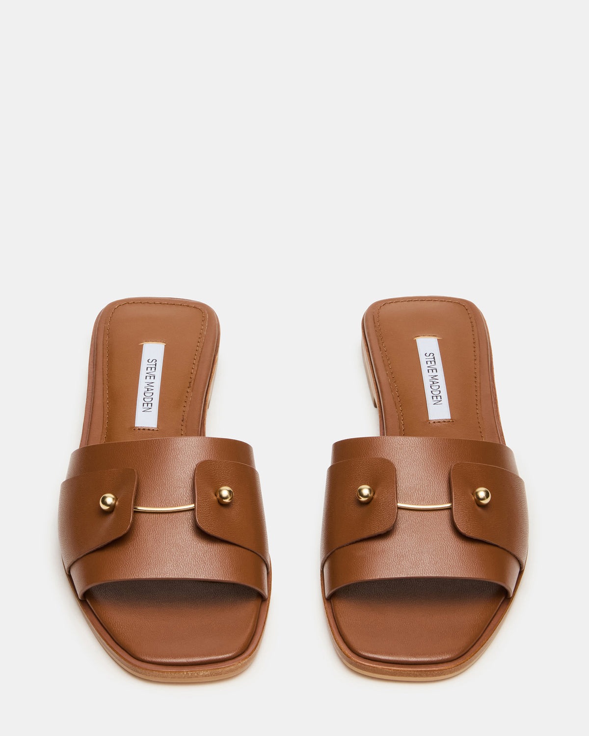 HASTEN Brown Leather Gold Detail Slide Women's Sandal | Steve Madden Deals