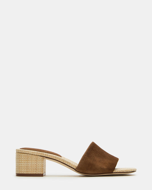 HAILEE Chestnut Suede Women's Square-Toe Raffia Block Heel Mule Sandal | Steve Madden Special Offer