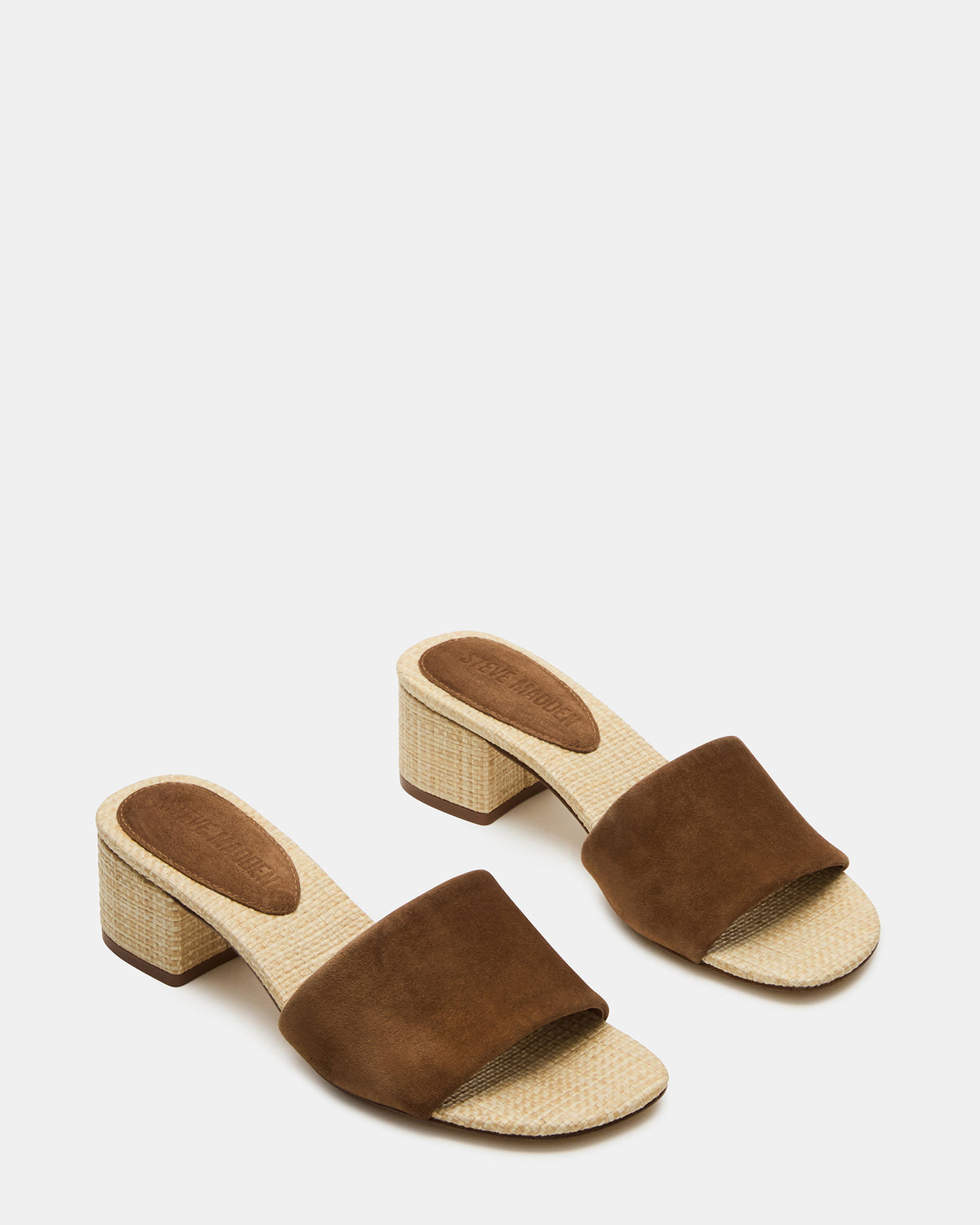 HAILEE Chestnut Suede Women's Square-Toe Raffia Block Heel Mule Sandal | Steve Madden Special Offer