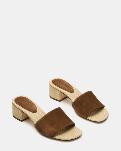 HAILEE Chestnut Suede Women's Square-Toe Raffia Block Heel Mule Sandal | Steve Madden Special Offer