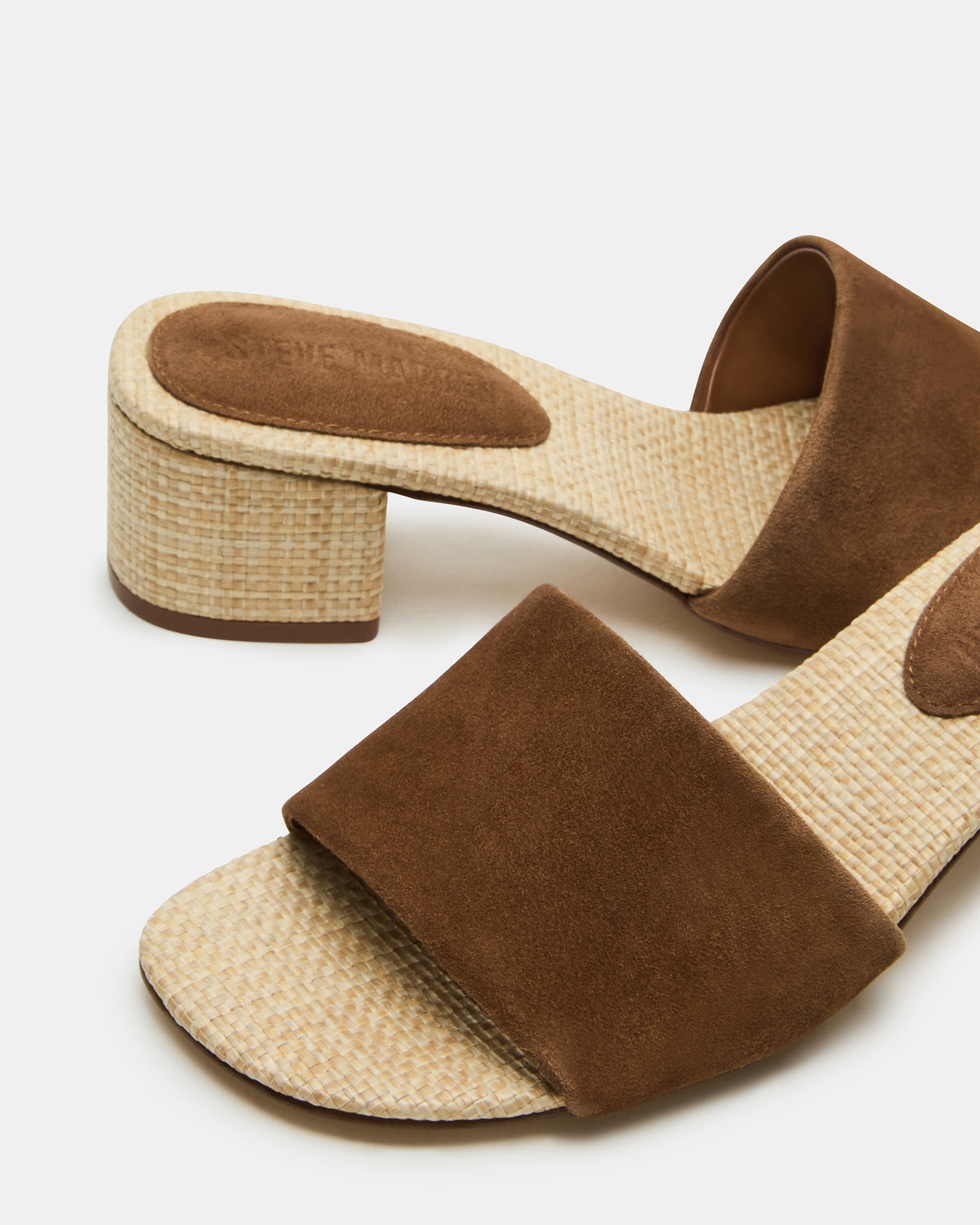 HAILEE Chestnut Suede Women's Square-Toe Raffia Block Heel Mule Sandal | Steve Madden Special Offer