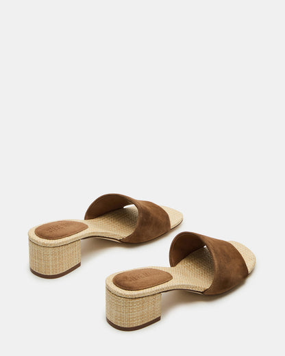 HAILEE Chestnut Suede Women's Square-Toe Raffia Block Heel Mule Sandal | Steve Madden Special Offer