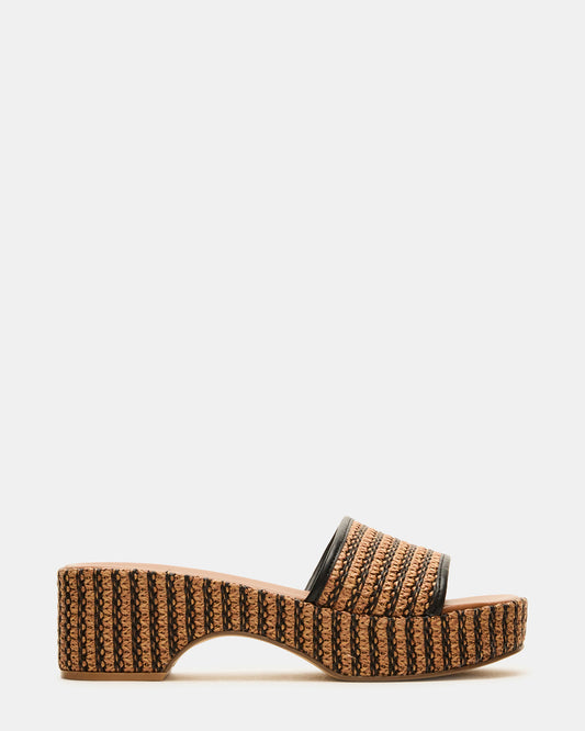 COSIMA Black/Beige Platform Raffia Slide Women's Sandal | Steve Madden Latest