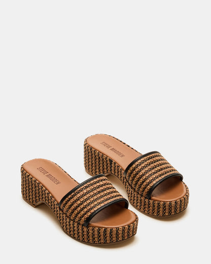 COSIMA Black/Beige Platform Raffia Slide Women's Sandal | Steve Madden Latest