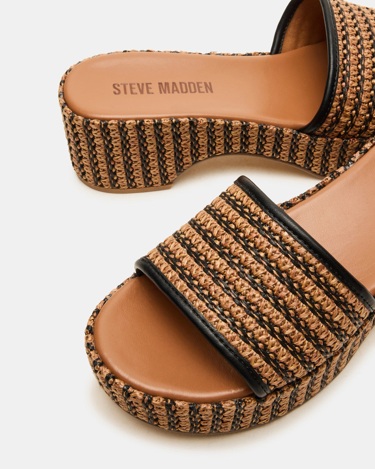 COSIMA Black/Beige Platform Raffia Slide Women's Sandal | Steve Madden Latest