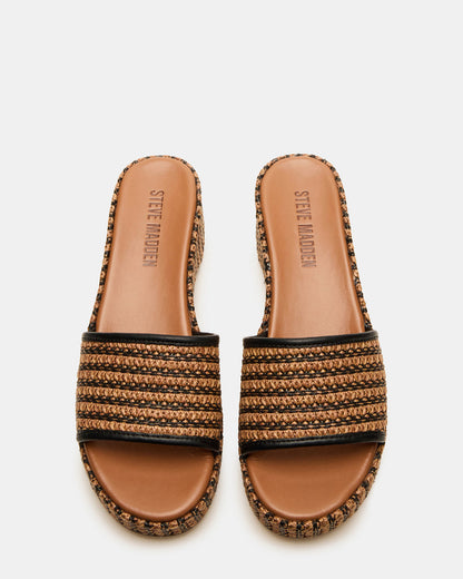 COSIMA Black/Beige Platform Raffia Slide Women's Sandal | Steve Madden Latest