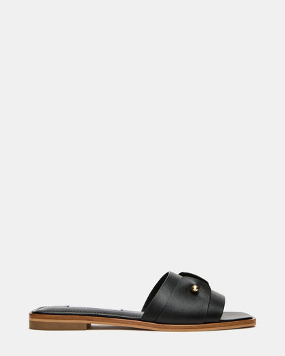 HASTEN Black Leather Gold Detail Slide Women's Sandal | Steve Madden Customer Favorite