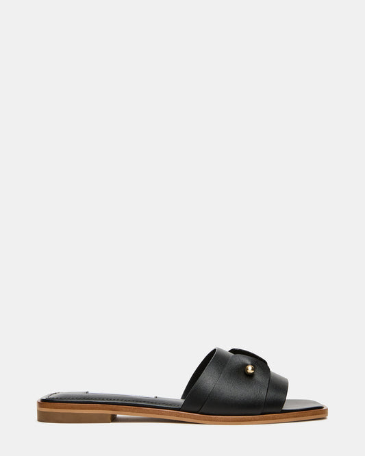 HASTEN Black Leather Gold Detail Slide Women's Sandal | Steve Madden Customer Favorite